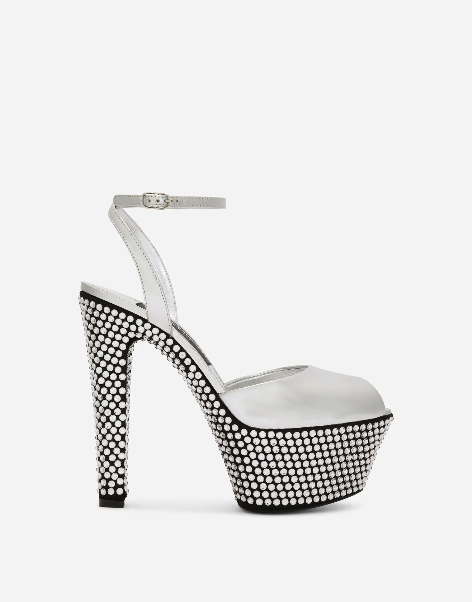 Mirrored-effect calfskin platforms with fusible rhinestones