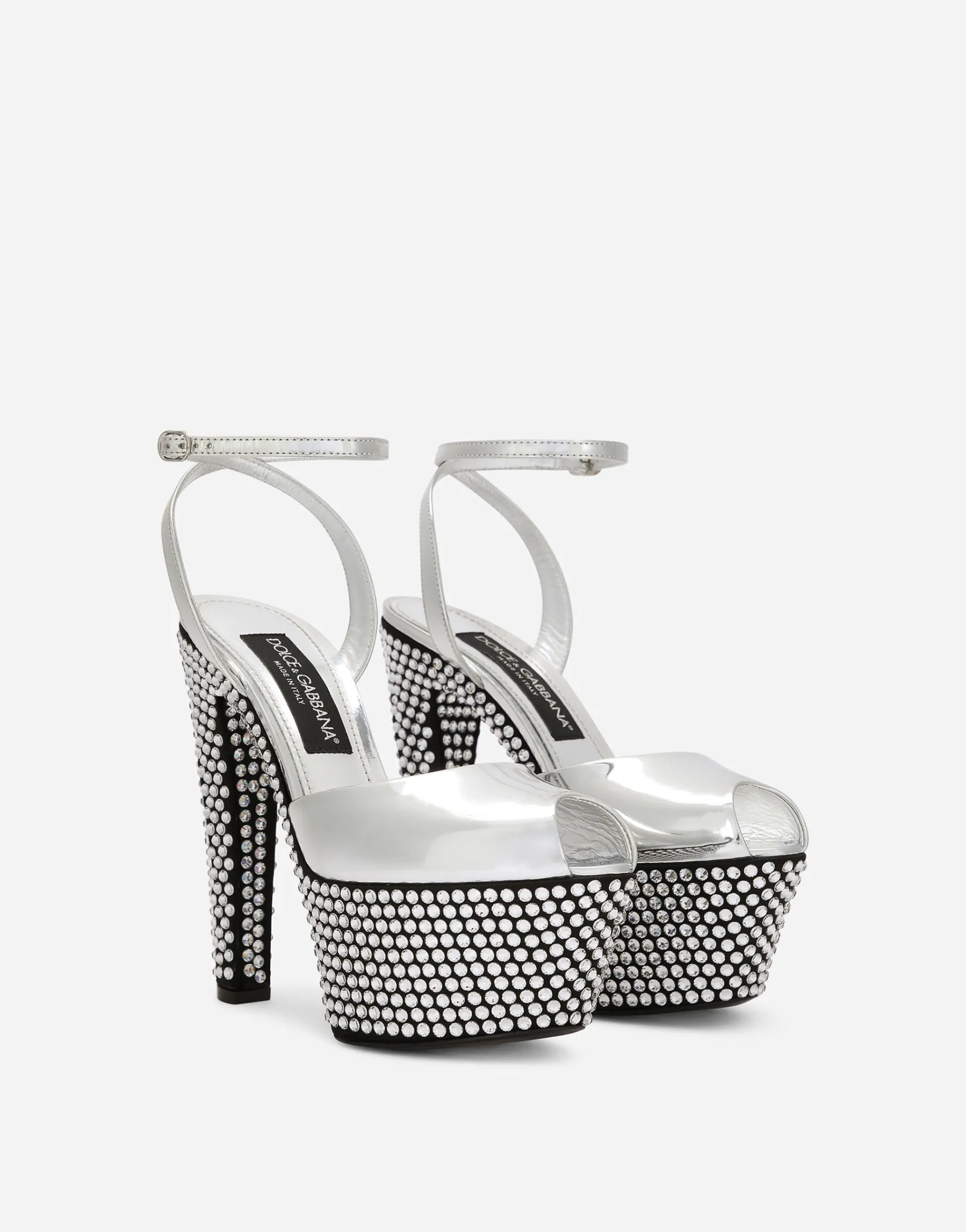 Mirrored-effect calfskin platforms with fusible rhinestones