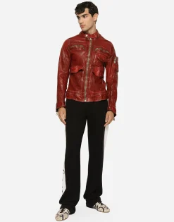 Multi-pocket washed leather jacket