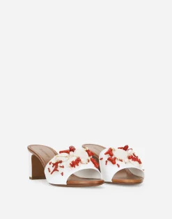 Nappa leather mules with coral embroidery