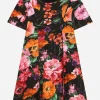 Neoprene dress with floral print over a black background