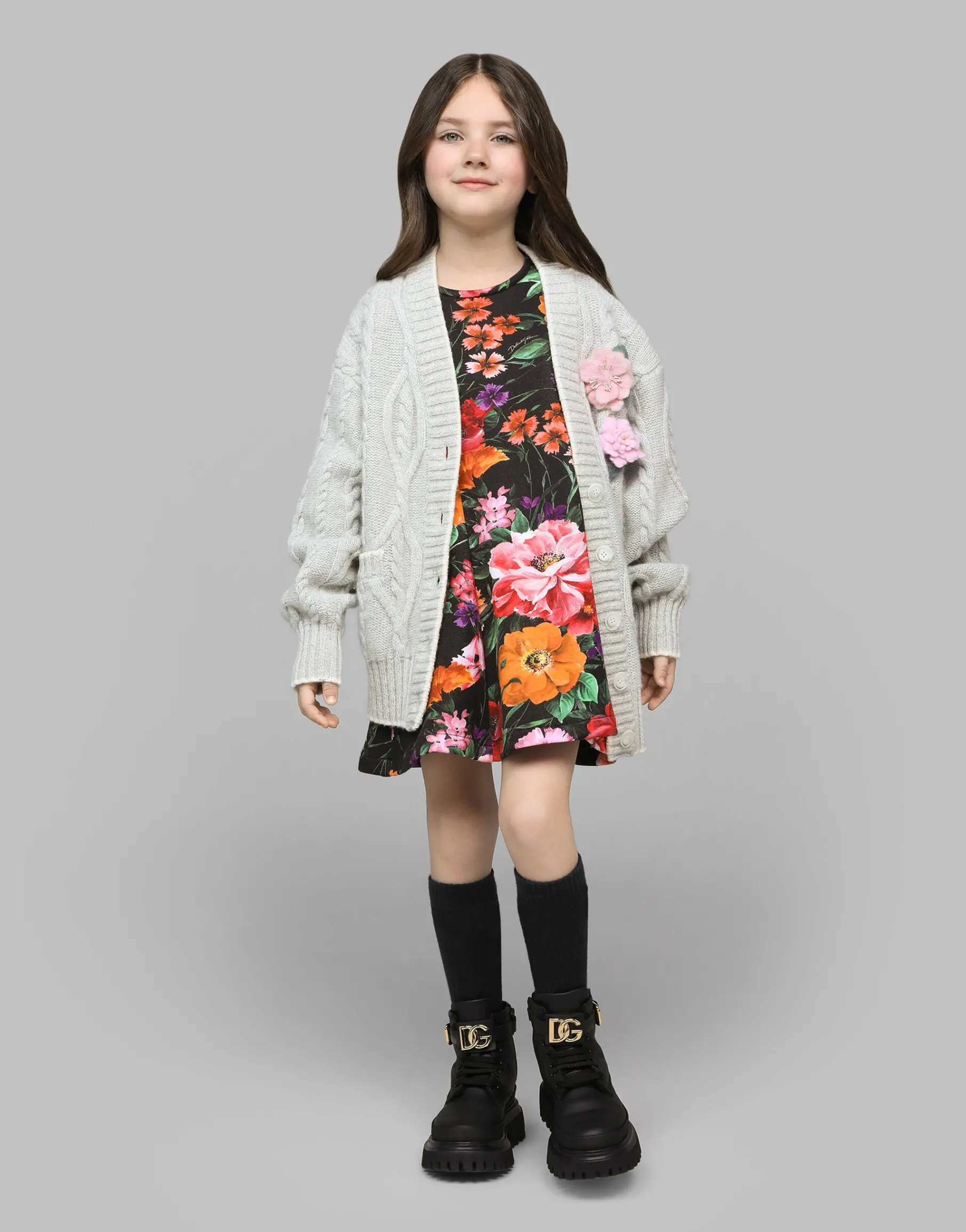 Neoprene dress with floral print over a black background