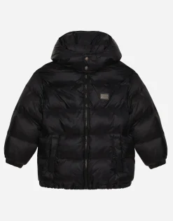 Nylon down jacket with hood and logo tag