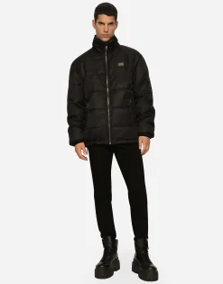 Nylon high-necked jacket with branded tag