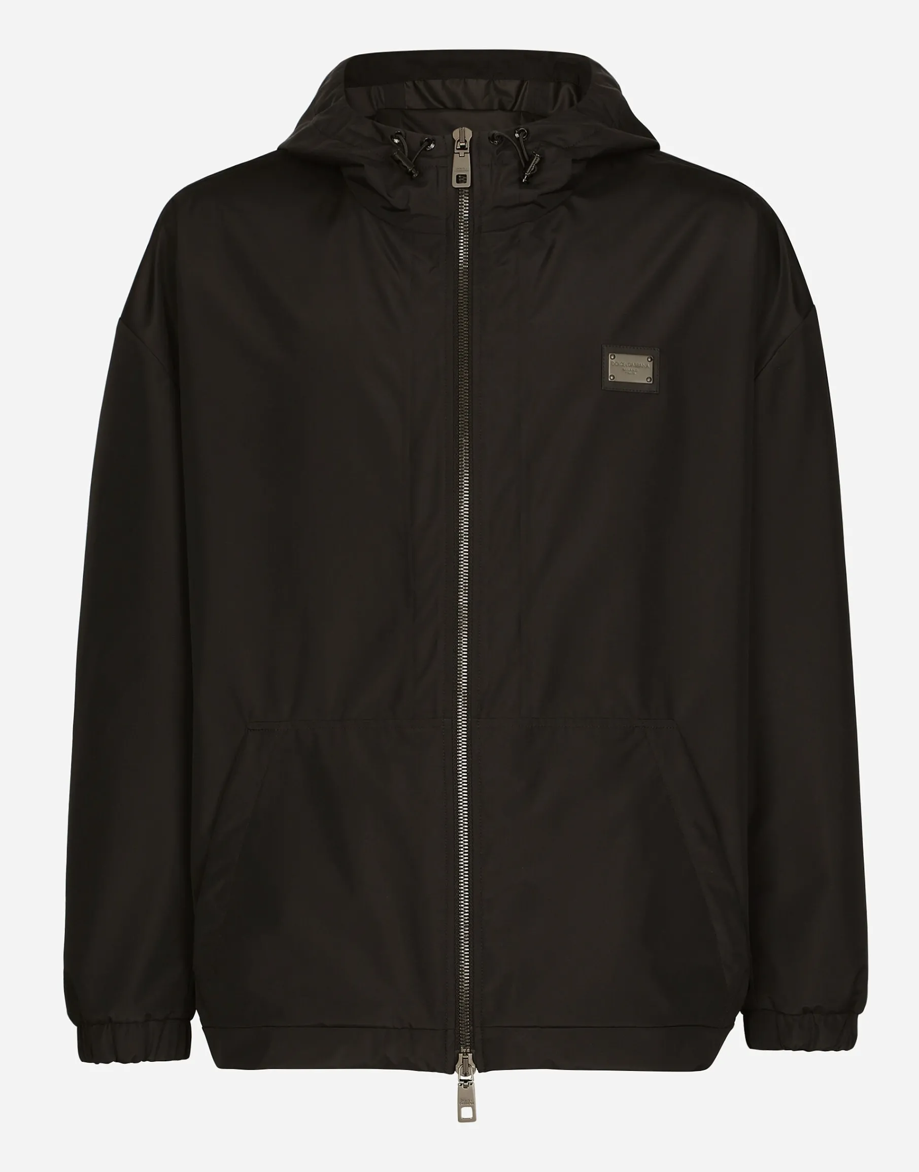 Nylon jacket with hood and branded tag