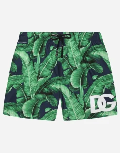 Nylon swim trunks with banana tree print