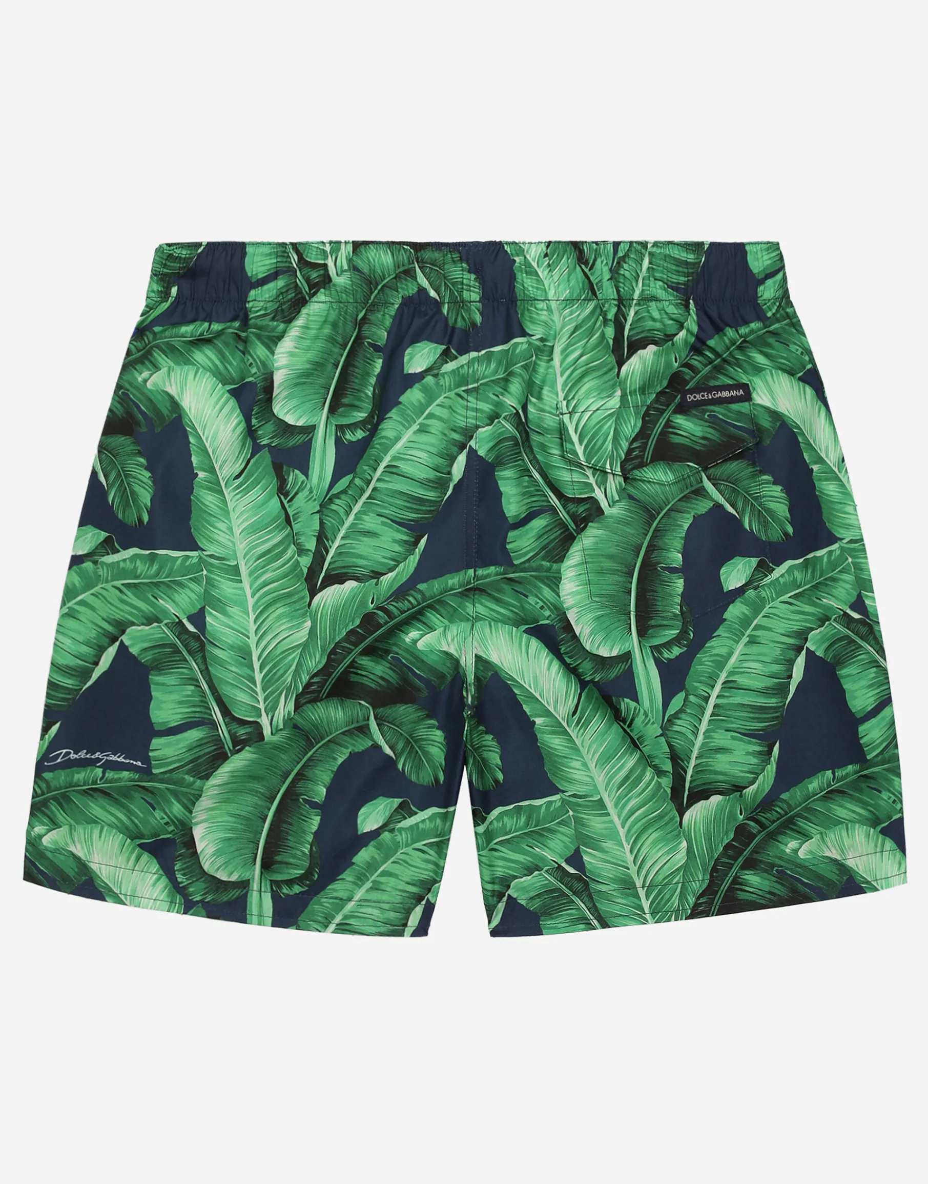 Nylon swim trunks with banana tree print