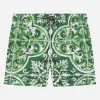 Nylon swim trunks with green majolica print