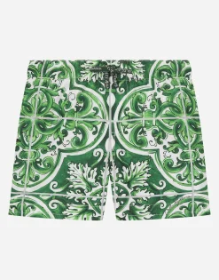 Nylon swim trunks with green majolica print