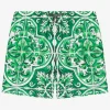 Nylon swim trunks with green majolica print