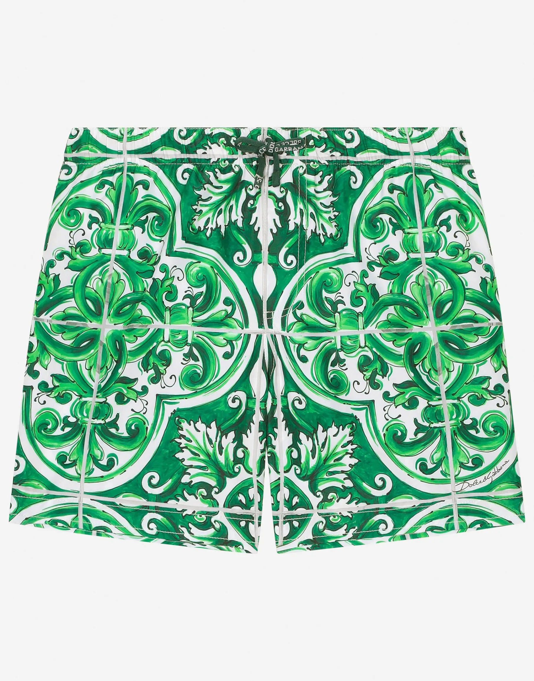 Nylon swim trunks with green majolica print