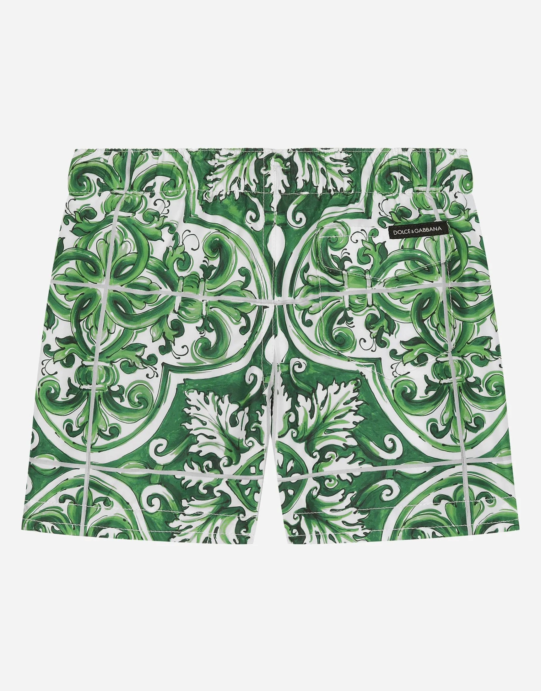 Nylon swim trunks with green majolica print