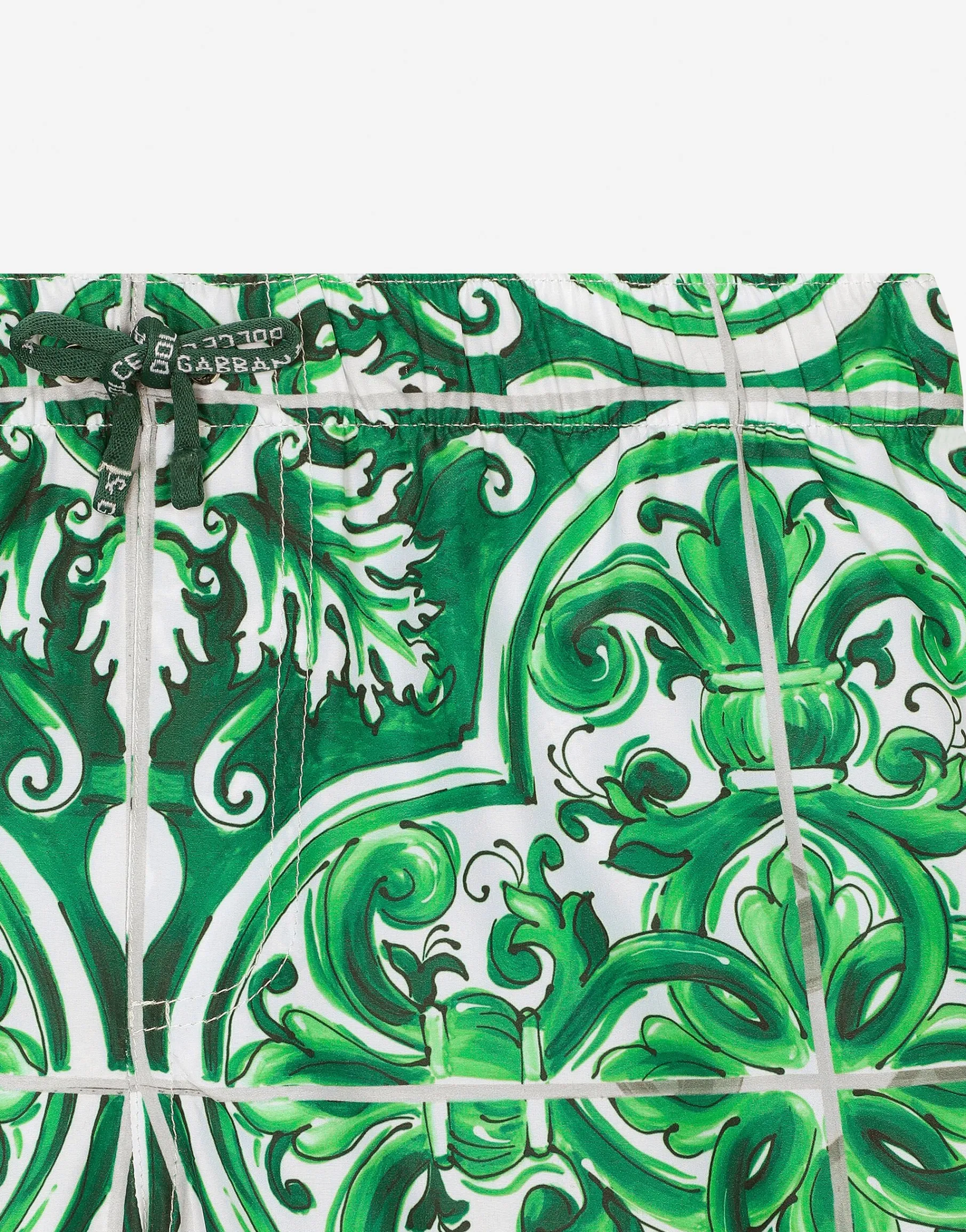 Nylon swim trunks with green majolica print