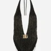 One-piece swimsuit with bead fringing