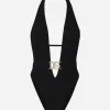 One-piece swimsuit with plunging neck and belt