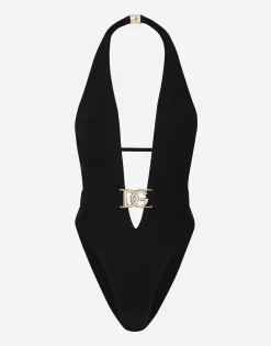 One-piece swimsuit with plunging neck and belt