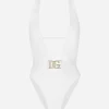 One-piece swimsuit with plunging neck and belt