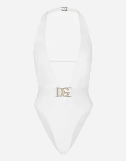 One-piece swimsuit with plunging neck and belt