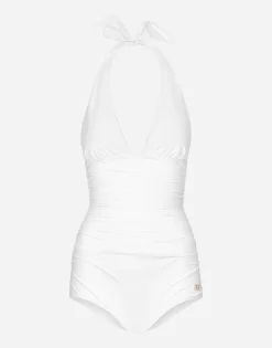 One-piece swimsuit with plunging neckline