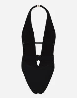 One-piece swimsuit with plunging neck and belt