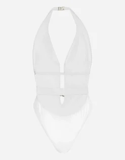 One-piece swimsuit with plunging neck and belt