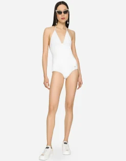 One-piece swimsuit with plunging neckline