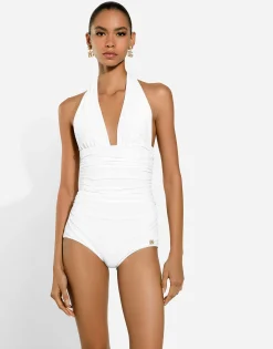 One-piece swimsuit with plunging neckline