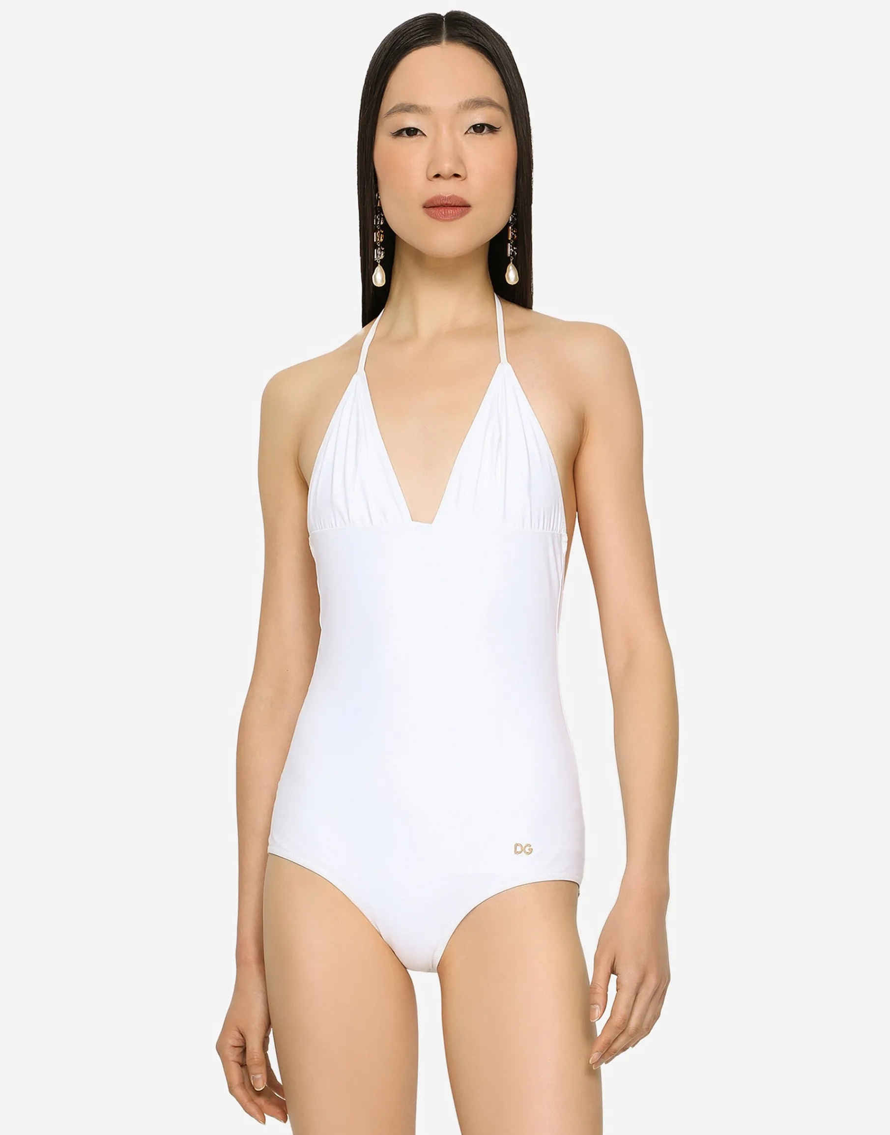 One-piece swimsuit with plunging neckline