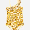 One-piece swimsuit with yellow majolica print