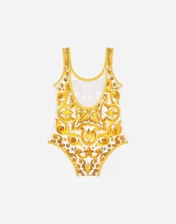 One-piece swimsuit with yellow majolica print