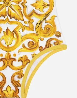One-piece swimsuit with yellow majolica print