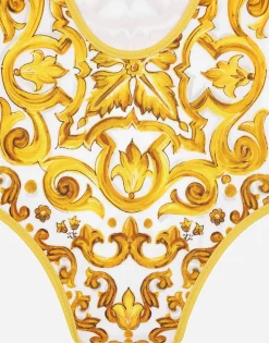 One-piece swimsuit with yellow majolica print
