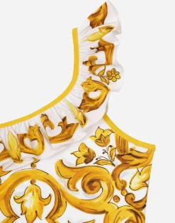 One-piece swimsuit with yellow majolica print