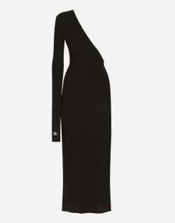 One-shoulder jersey dress with detached sleeve detail