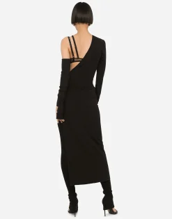 One-shoulder jersey dress with detached sleeve detail