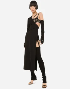 One-shoulder jersey dress with detached sleeve detail