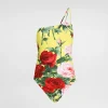 One-shoulder one-piece swimsuit with floral bouquet print