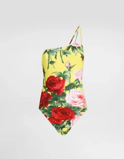 One-shoulder one-piece swimsuit with floral bouquet print