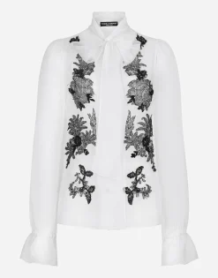 Organza pussy-bow shirt with lace appliqués
