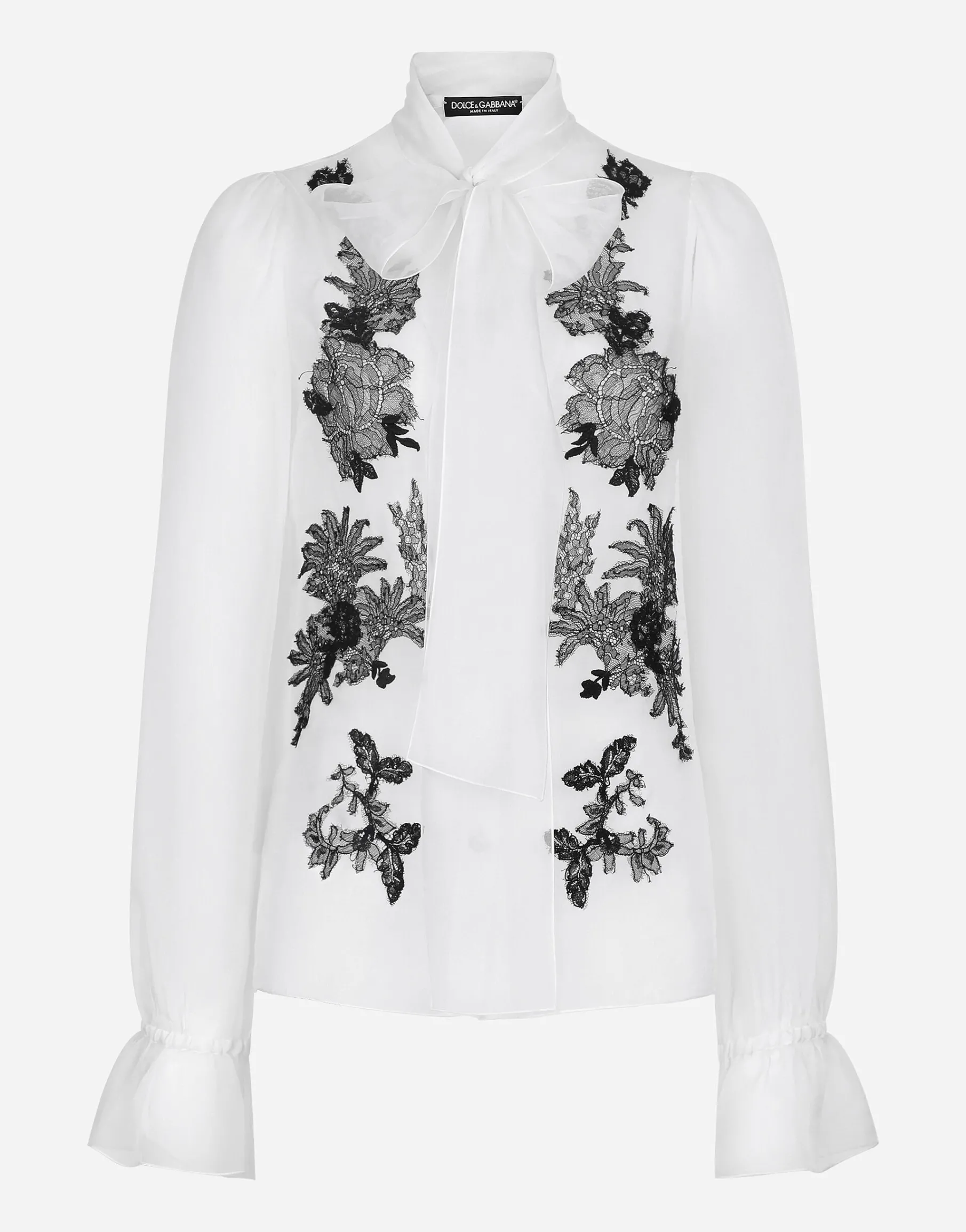 Organza pussy-bow shirt with lace appliqués