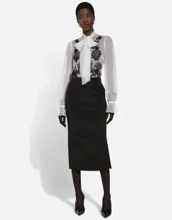 Organza pussy-bow shirt with lace appliqués