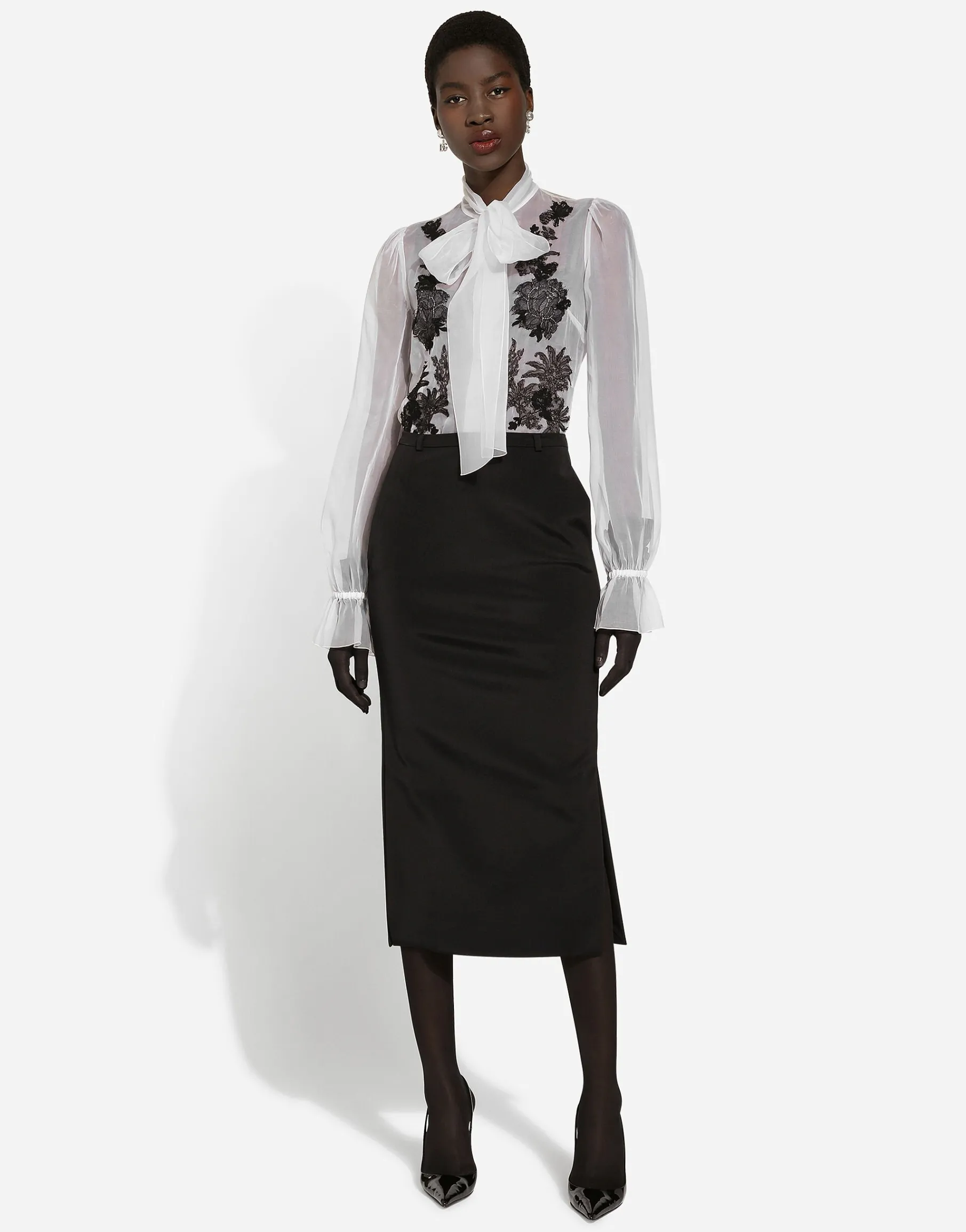Organza pussy-bow shirt with lace appliqués