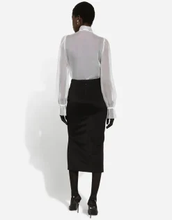 Organza pussy-bow shirt with lace appliqués
