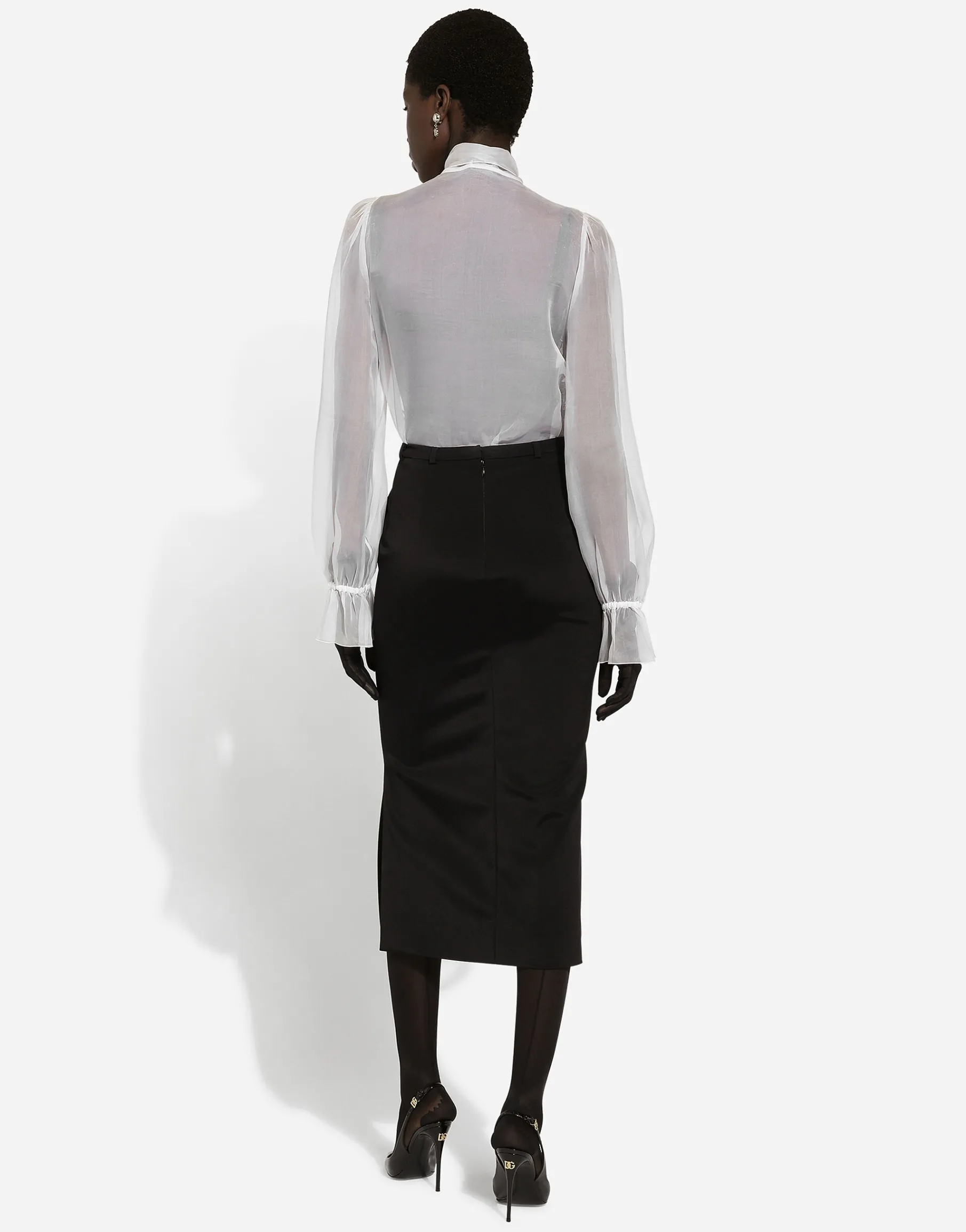 Organza pussy-bow shirt with lace appliqués