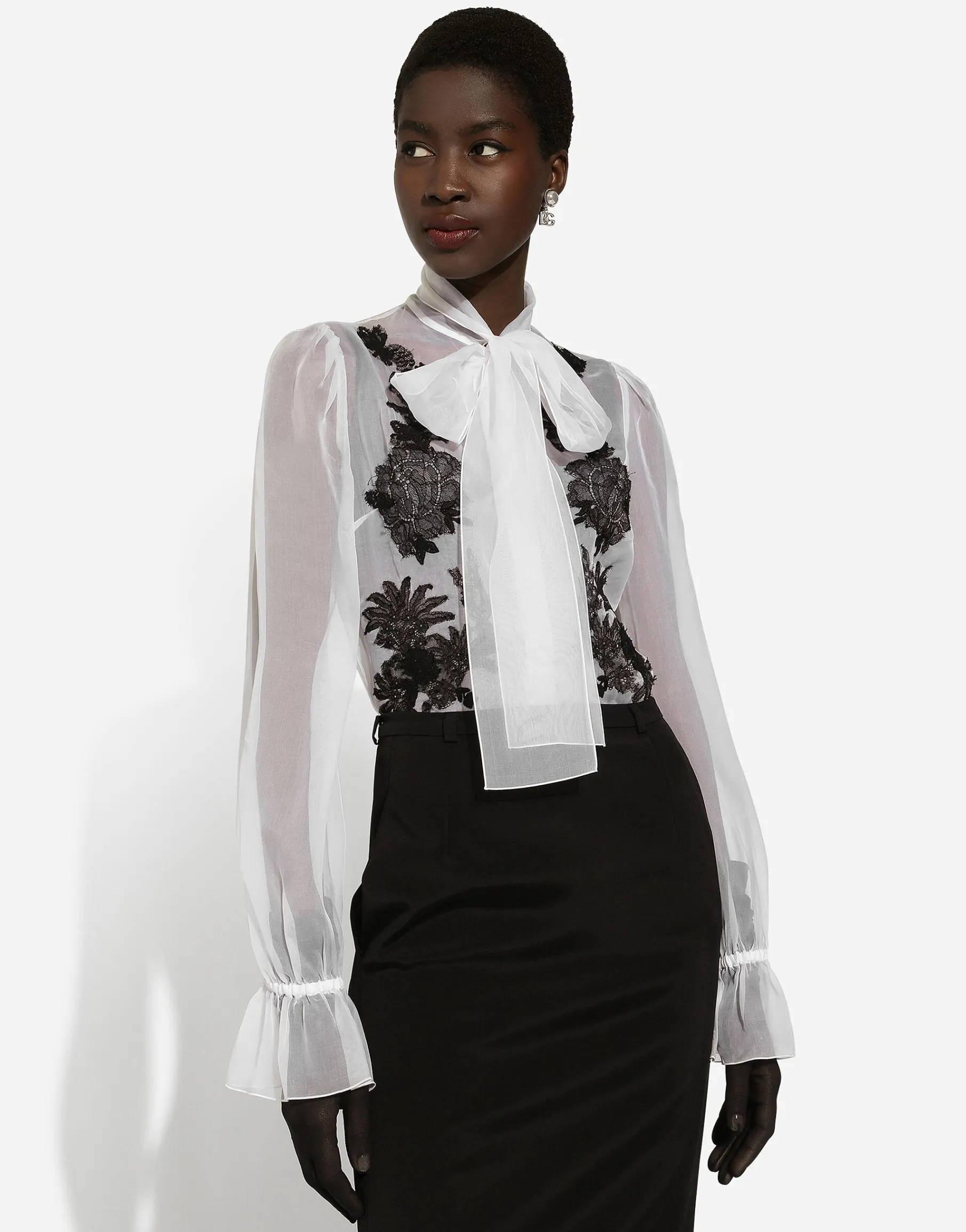 Organza pussy-bow shirt with lace appliqués