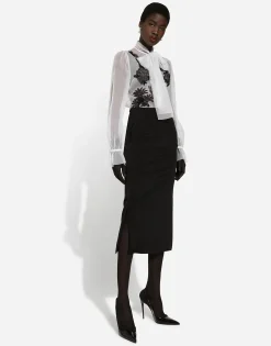 Organza pussy-bow shirt with lace appliqués