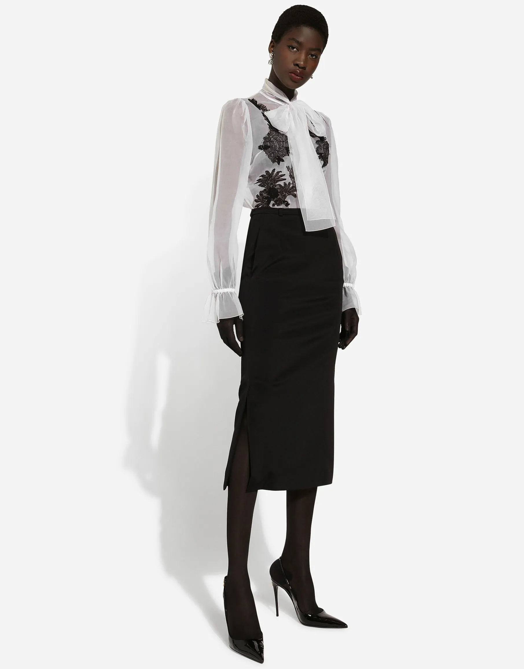 Organza pussy-bow shirt with lace appliqués
