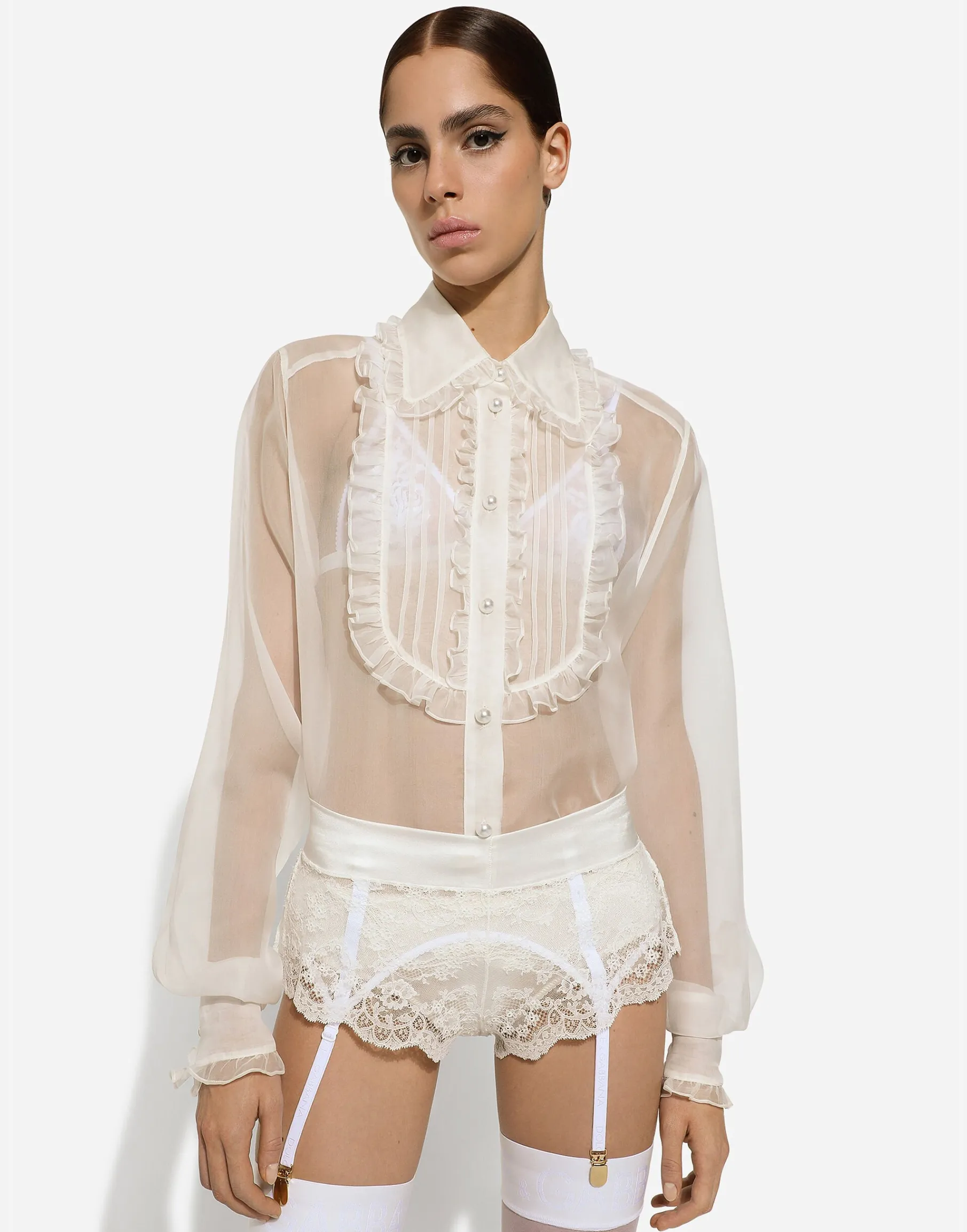 Organza shirt with shirt front and ruffles