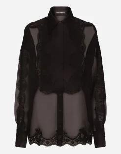 Organza tuxedo shirt with lace inserts