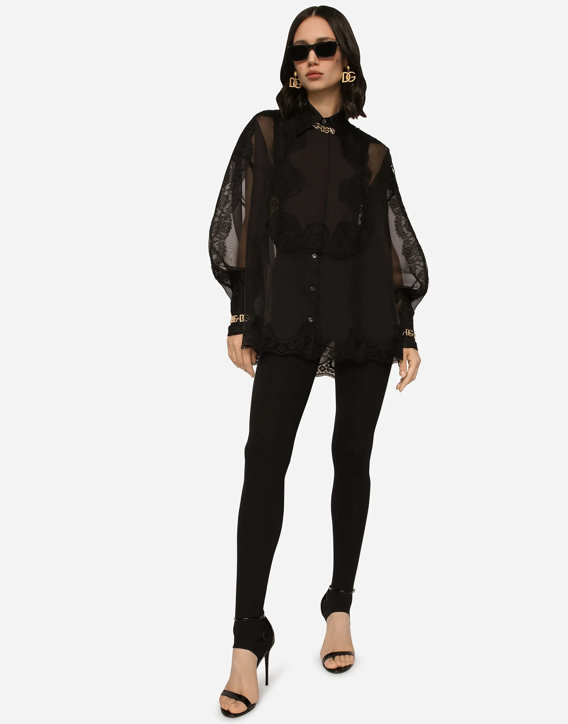 Organza tuxedo shirt with lace inserts
